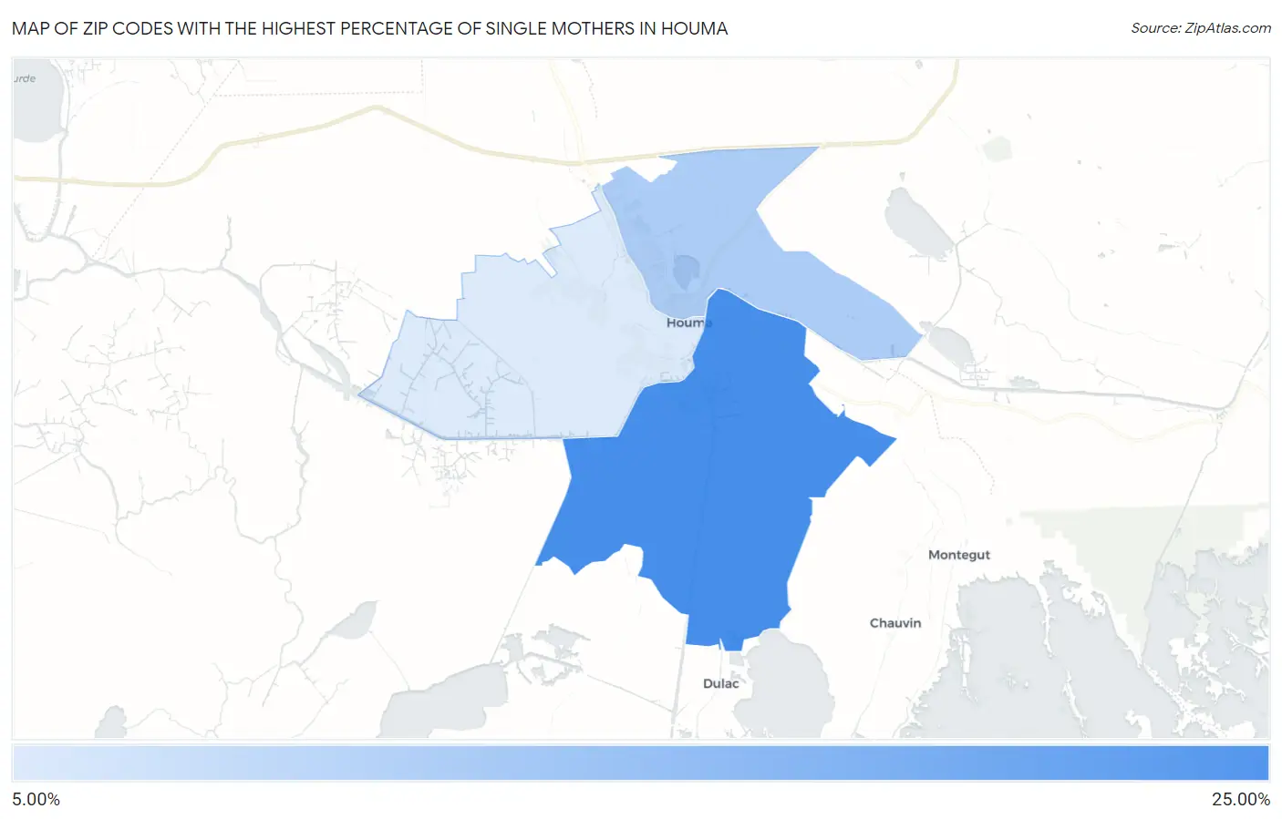 Zip Codes with the Highest Percentage of Single Mothers in Houma Map