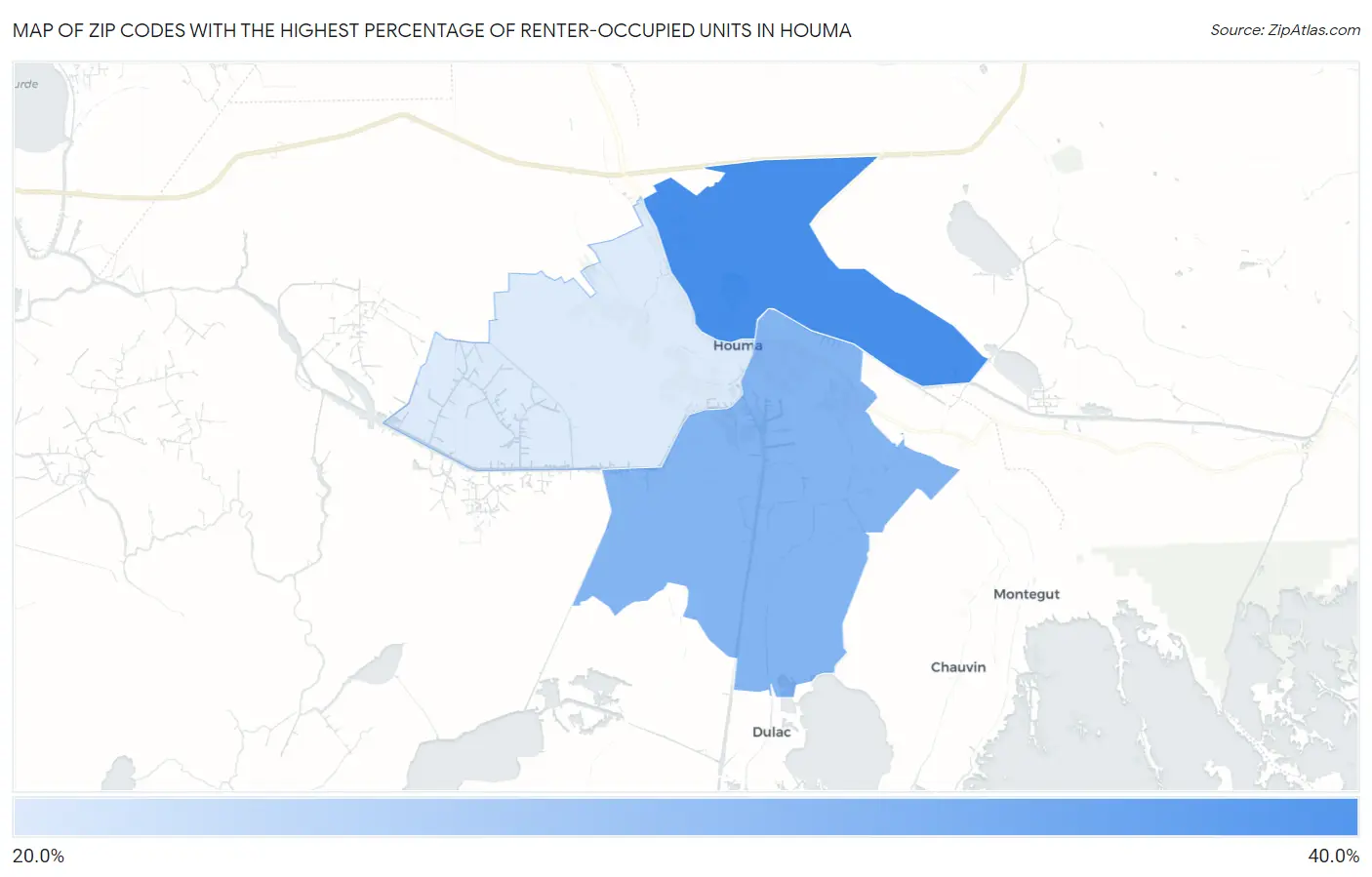 Zip Codes with the Highest Percentage of Renter-Occupied Units in Houma Map