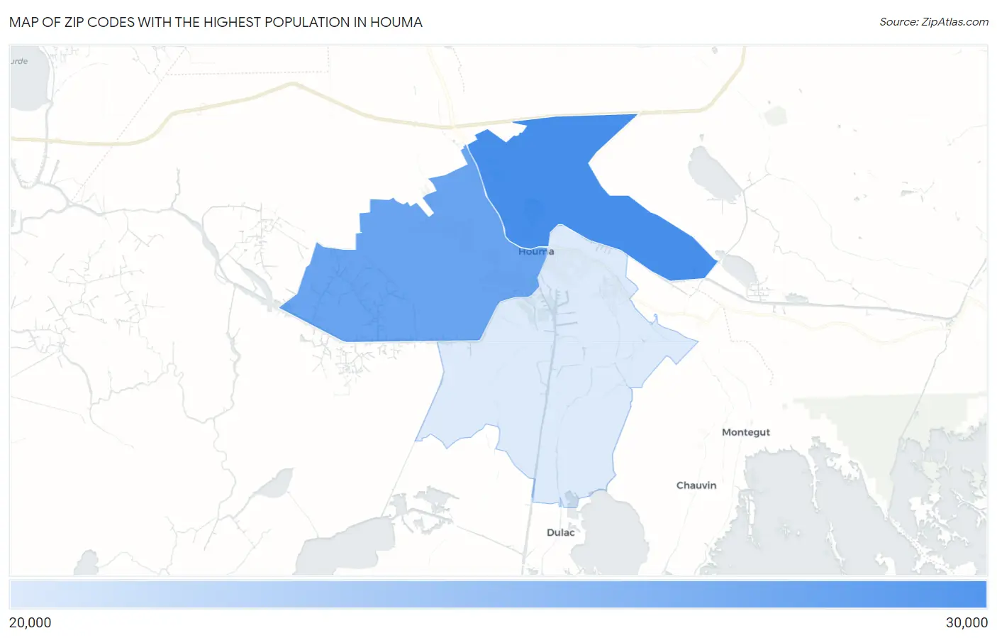 Zip Codes with the Highest Population in Houma Map