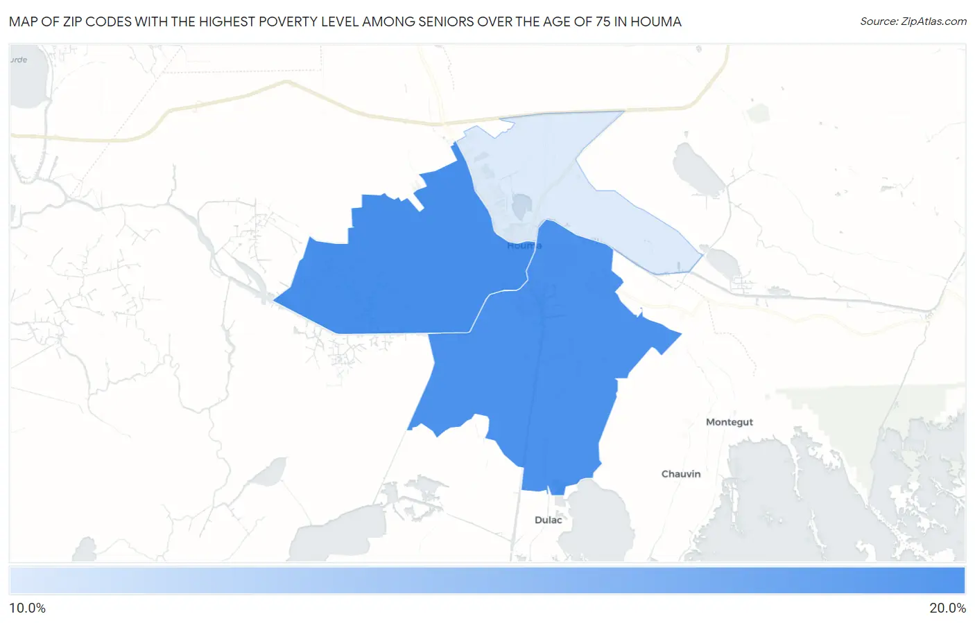 Zip Codes with the Highest Poverty Level Among Seniors Over the Age of 75 in Houma Map