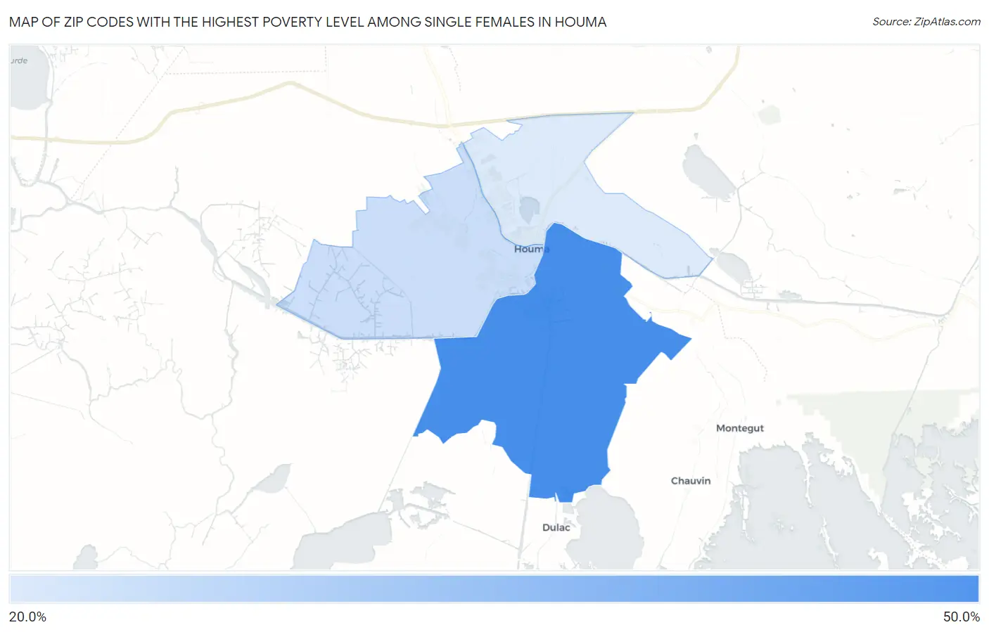 Zip Codes with the Highest Poverty Level Among Single Females in Houma Map