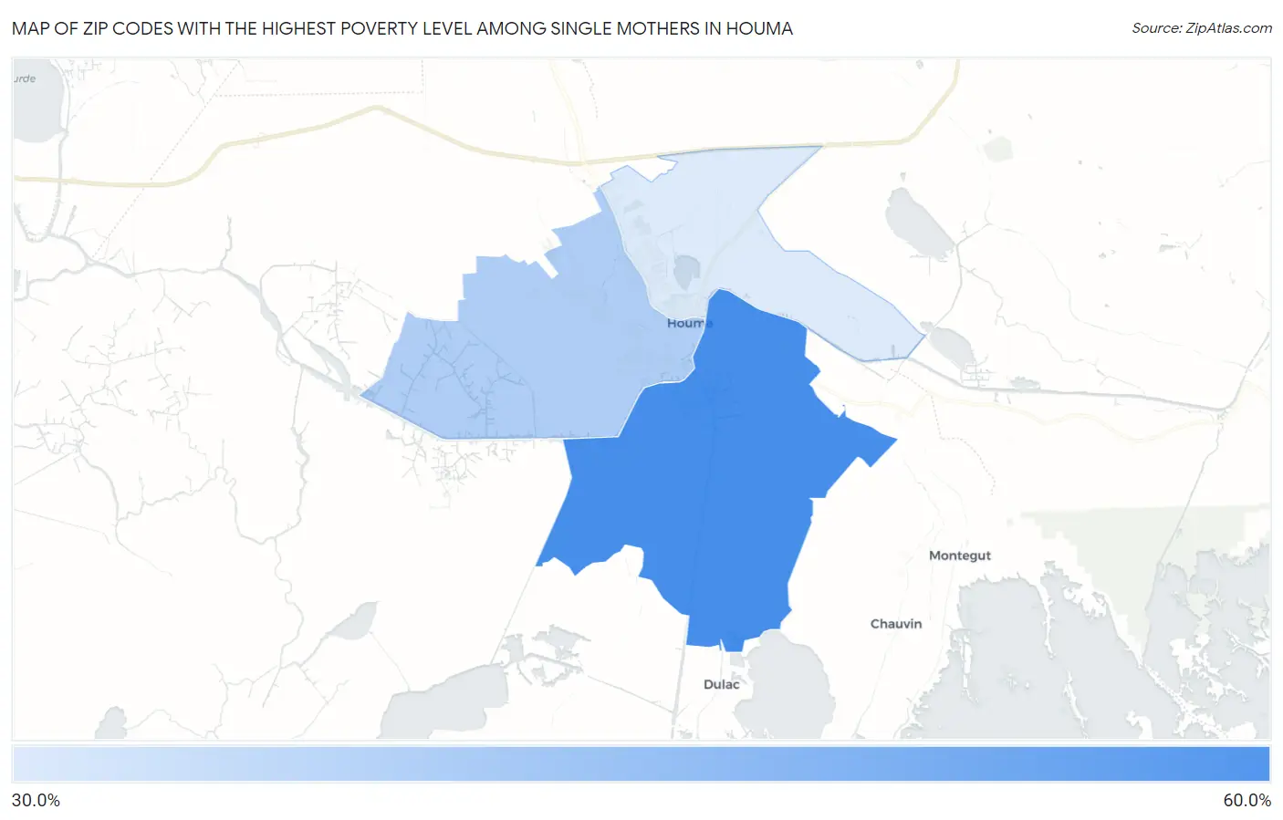Zip Codes with the Highest Poverty Level Among Single Mothers in Houma Map