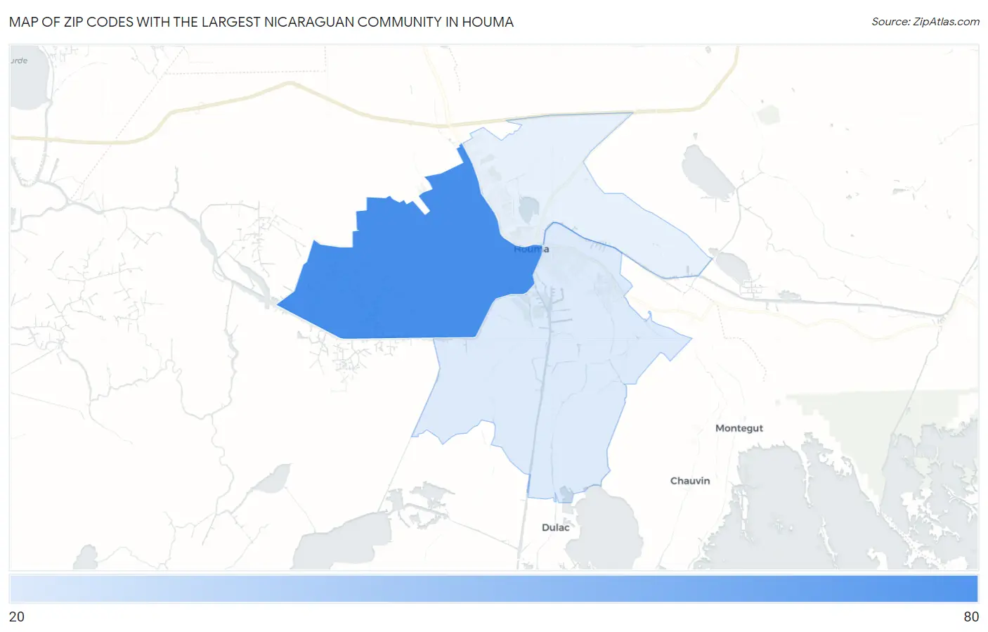 Zip Codes with the Largest Nicaraguan Community in Houma Map