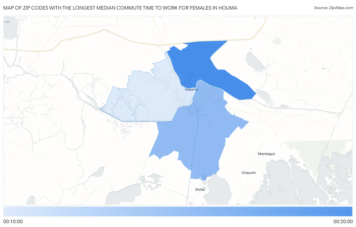 Zip Codes with the Longest Median Commute Time to Work for Females in Houma Map