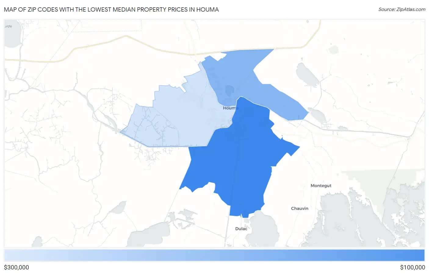Zip Codes with the Lowest Median Property Prices in Houma Map