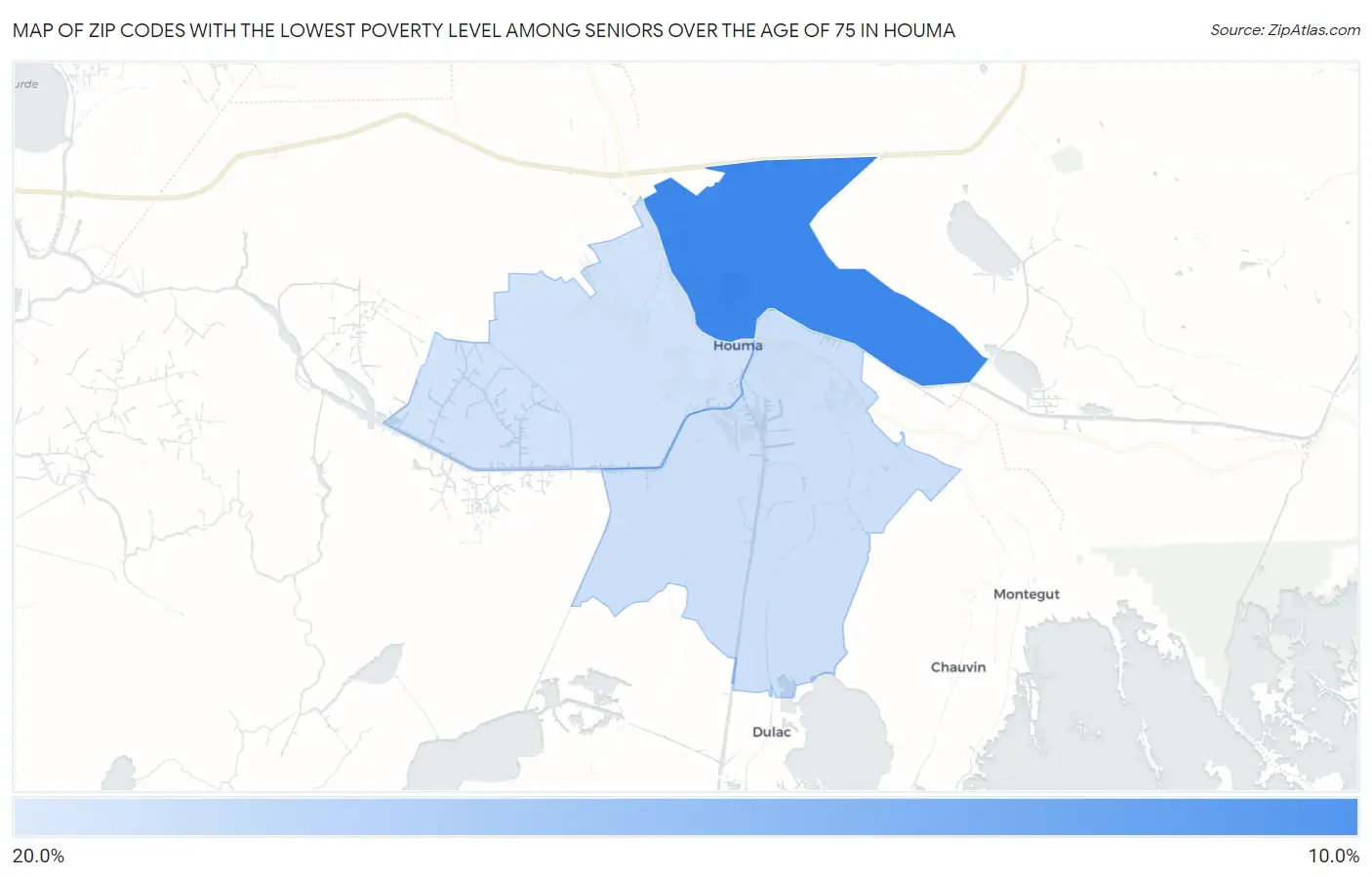 Zip Codes with the Lowest Poverty Level Among Seniors Over the Age of 75 in Houma Map