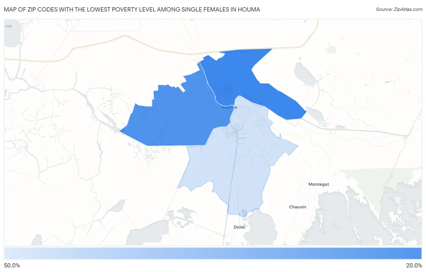 Zip Codes with the Lowest Poverty Level Among Single Females in Houma Map
