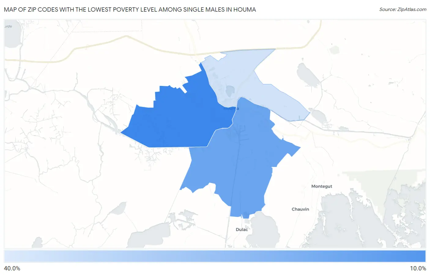 Zip Codes with the Lowest Poverty Level Among Single Males in Houma Map