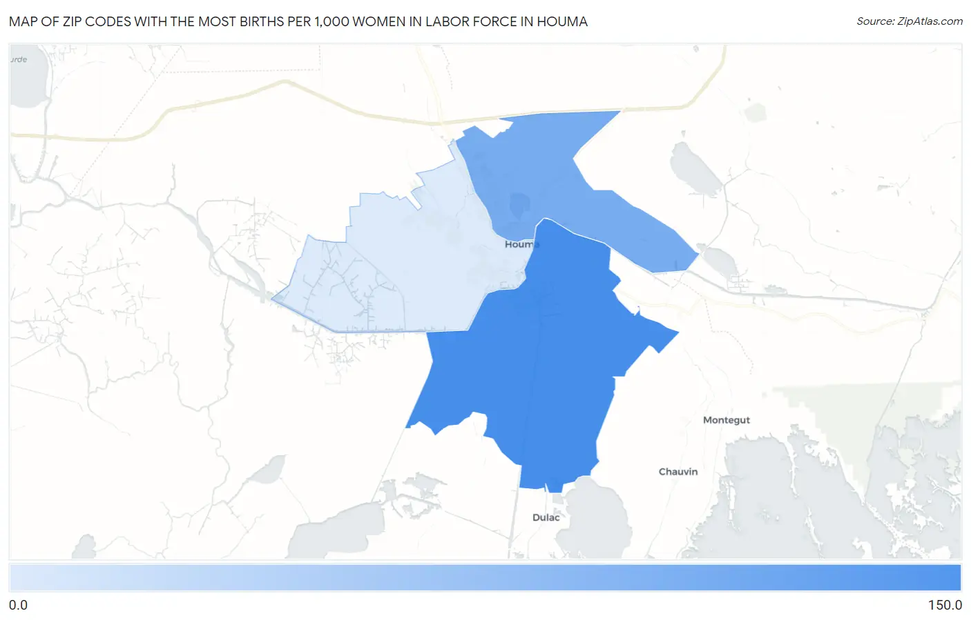 Zip Codes with the Most Births per 1,000 Women in Labor Force in Houma Map