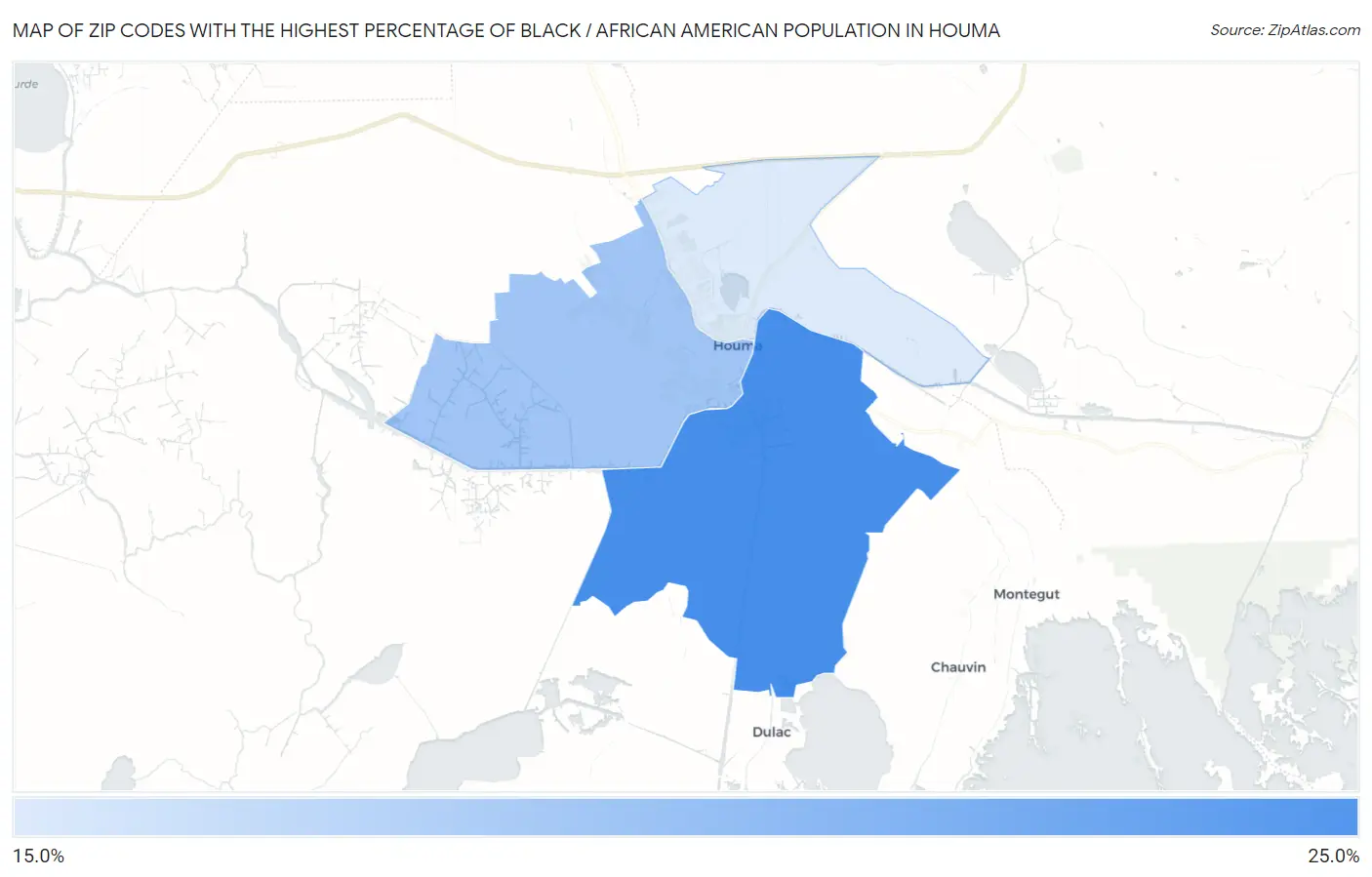 Zip Codes with the Highest Percentage of Black / African American Population in Houma Map