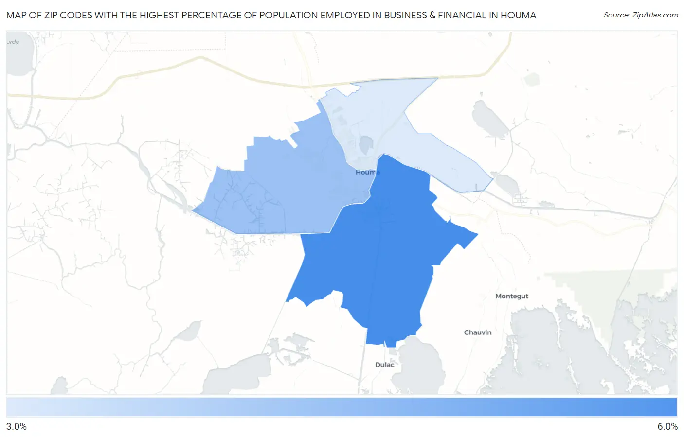 Zip Codes with the Highest Percentage of Population Employed in Business & Financial in Houma Map