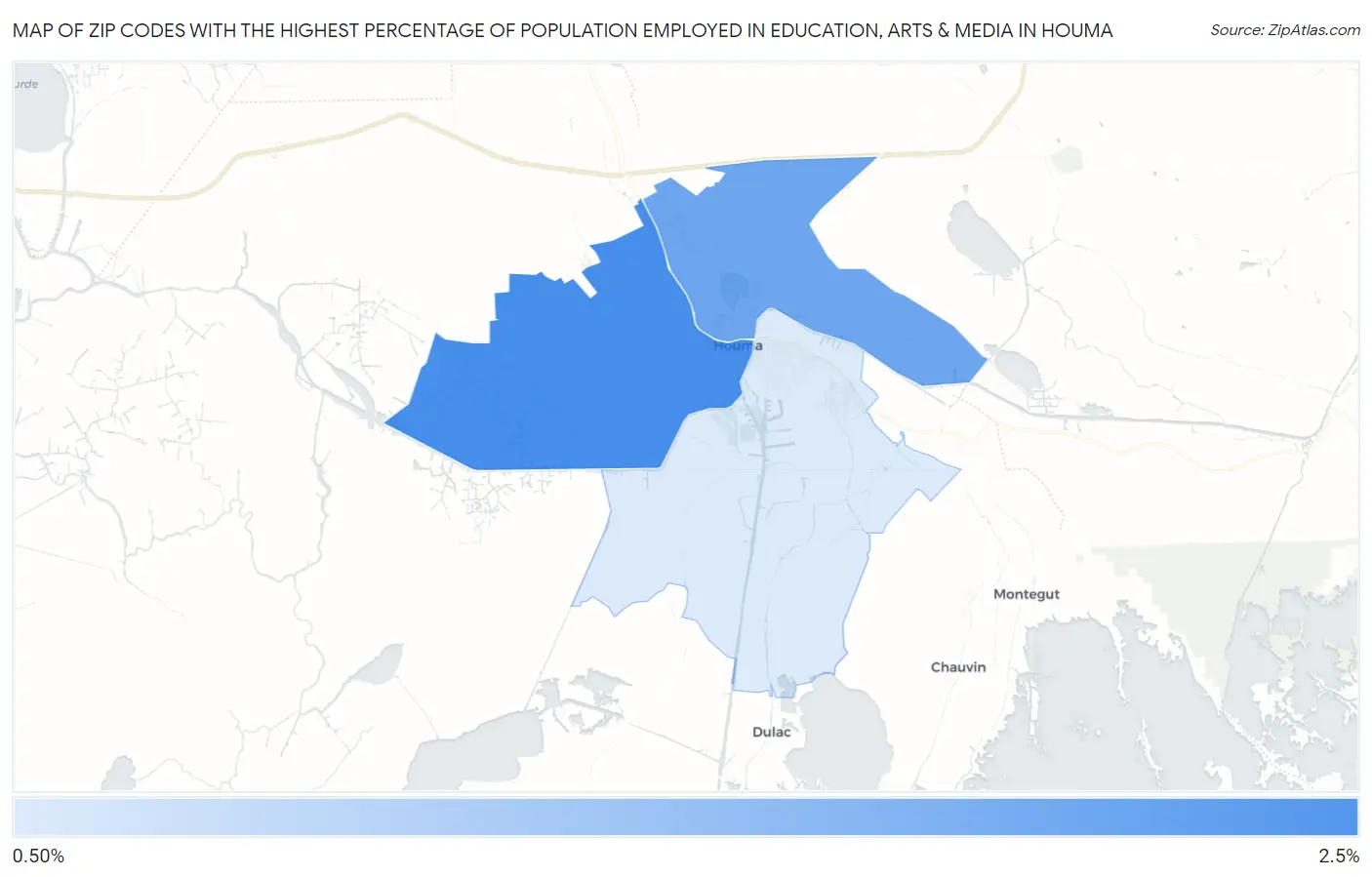 Zip Codes with the Highest Percentage of Population Employed in Education, Arts & Media in Houma Map