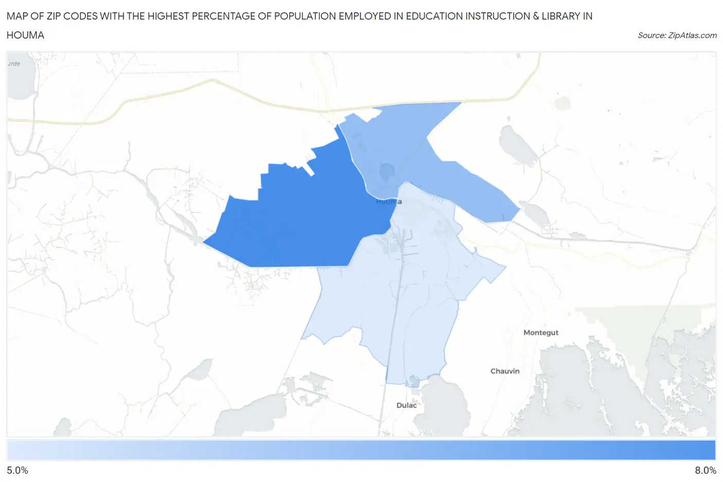 Zip Codes with the Highest Percentage of Population Employed in Education Instruction & Library in Houma Map