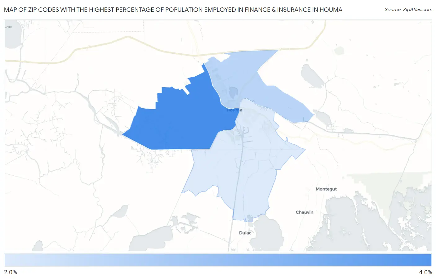 Zip Codes with the Highest Percentage of Population Employed in Finance & Insurance in Houma Map