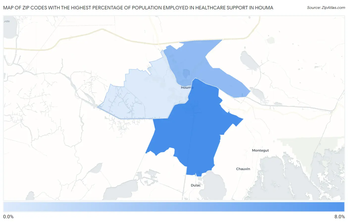 Zip Codes with the Highest Percentage of Population Employed in Healthcare Support in Houma Map