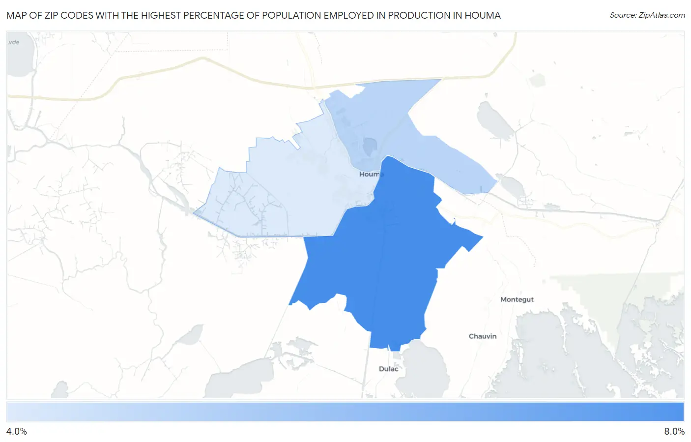 Zip Codes with the Highest Percentage of Population Employed in Production in Houma Map