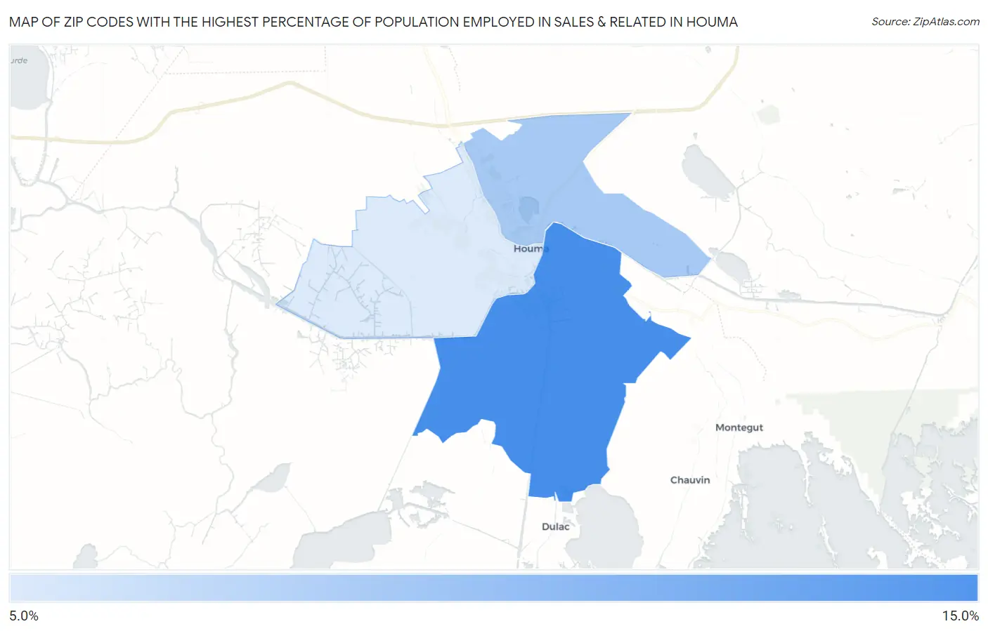 Zip Codes with the Highest Percentage of Population Employed in Sales & Related in Houma Map