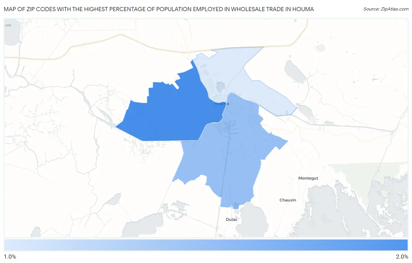 Zip Codes with the Highest Percentage of Population Employed in Wholesale Trade in Houma Map