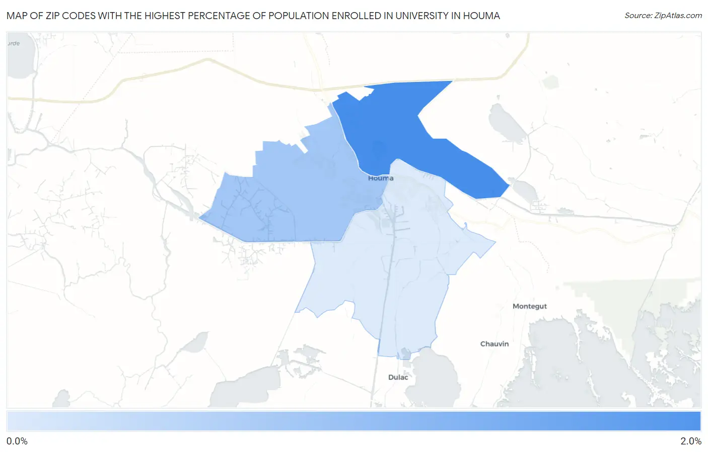 Zip Codes with the Highest Percentage of Population Enrolled in University in Houma Map