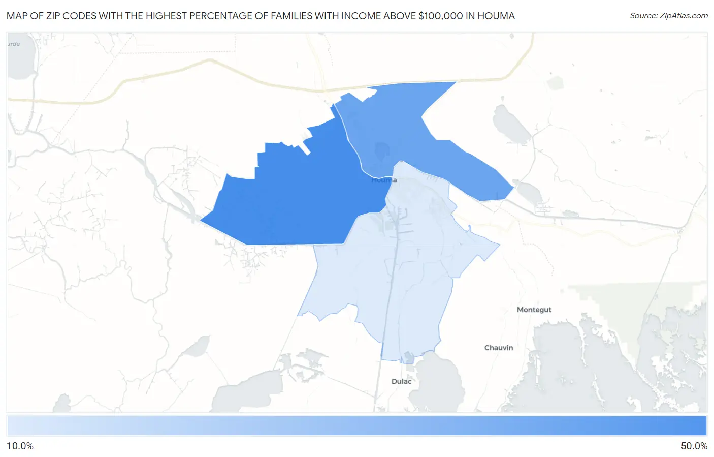 Zip Codes with the Highest Percentage of Families with Income Above $100,000 in Houma Map