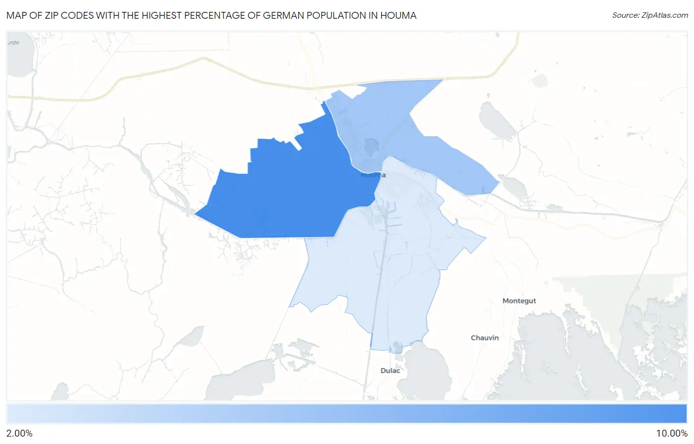 Zip Codes with the Highest Percentage of German Population in Houma Map