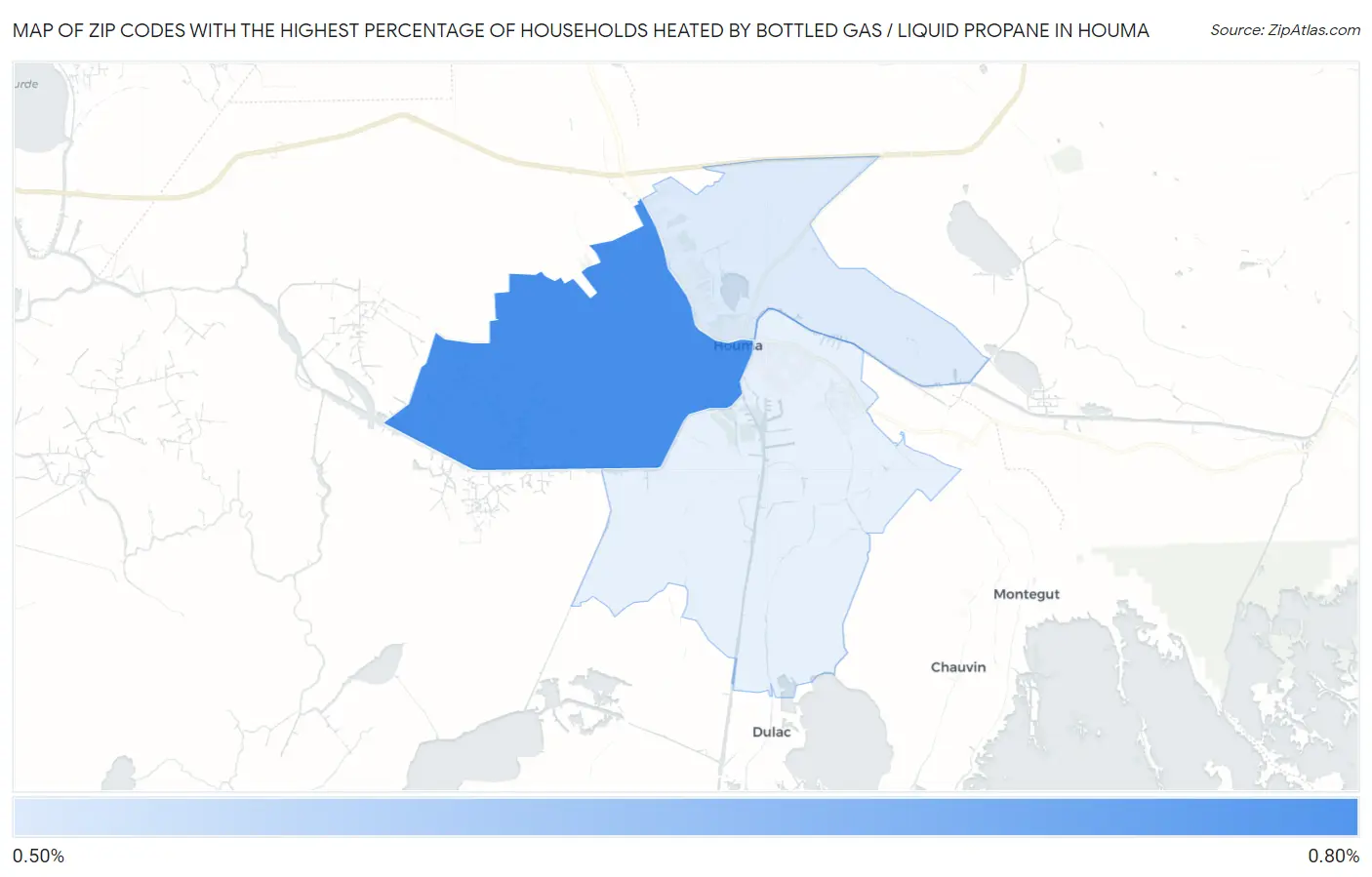 Zip Codes with the Highest Percentage of Households Heated by Bottled Gas / Liquid Propane in Houma Map
