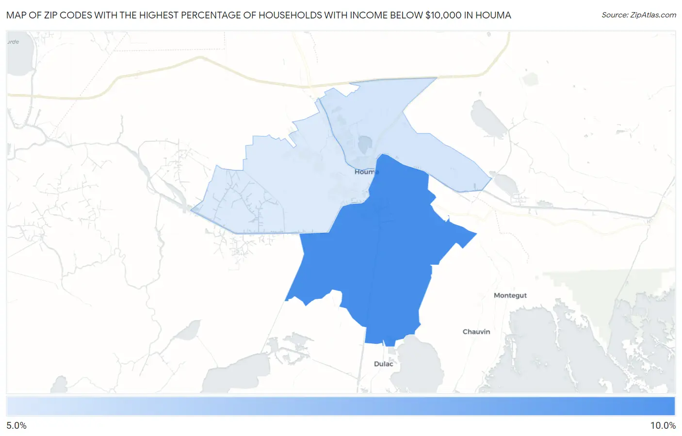 Zip Codes with the Highest Percentage of Households with Income Below $10,000 in Houma Map