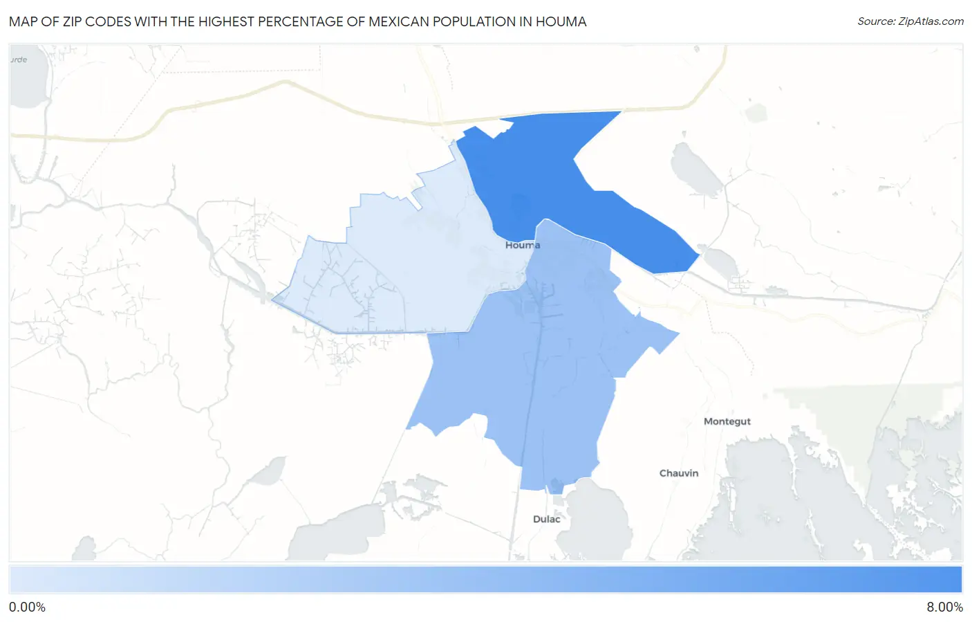 Zip Codes with the Highest Percentage of Mexican Population in Houma Map