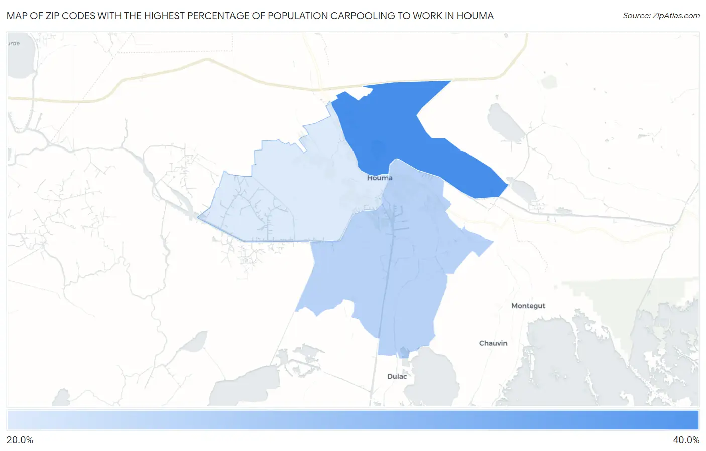 Zip Codes with the Highest Percentage of Population Carpooling to Work in Houma Map