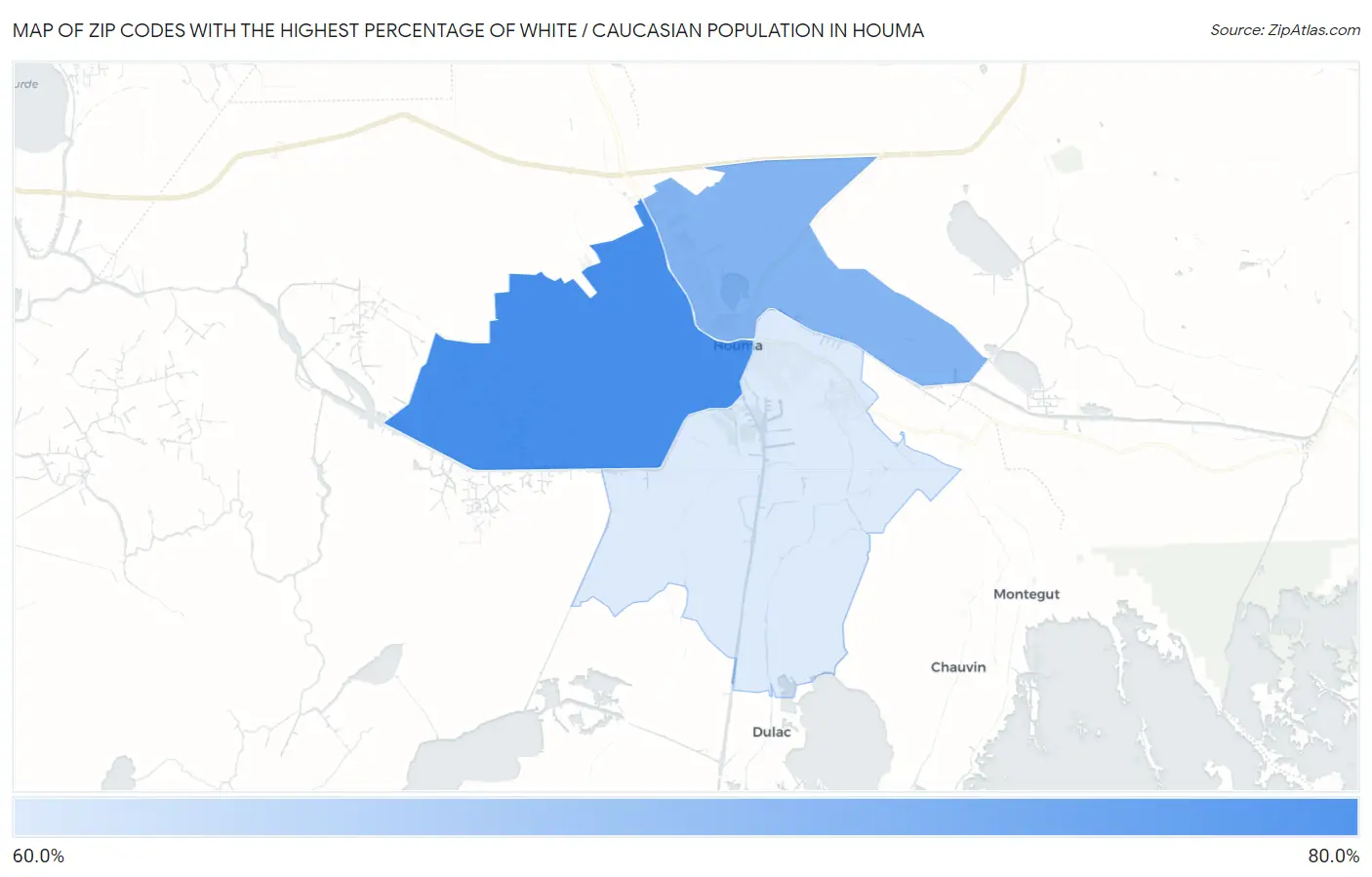 Zip Codes with the Highest Percentage of White / Caucasian Population in Houma Map