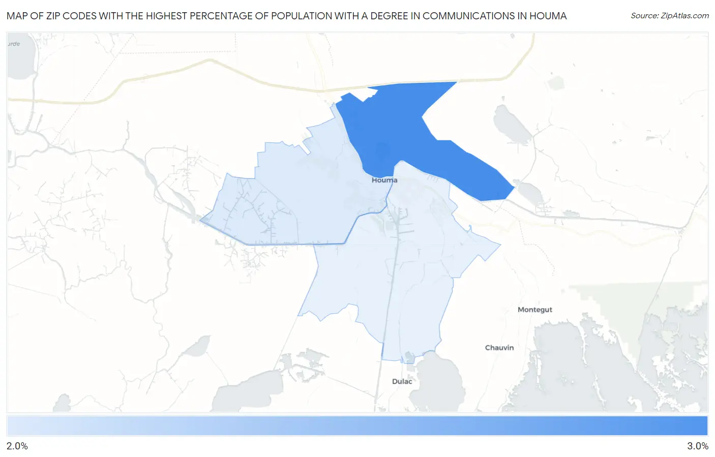 Zip Codes with the Highest Percentage of Population with a Degree in Communications in Houma Map