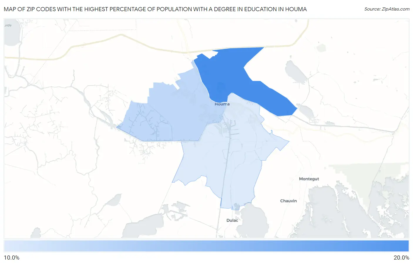 Zip Codes with the Highest Percentage of Population with a Degree in Education in Houma Map