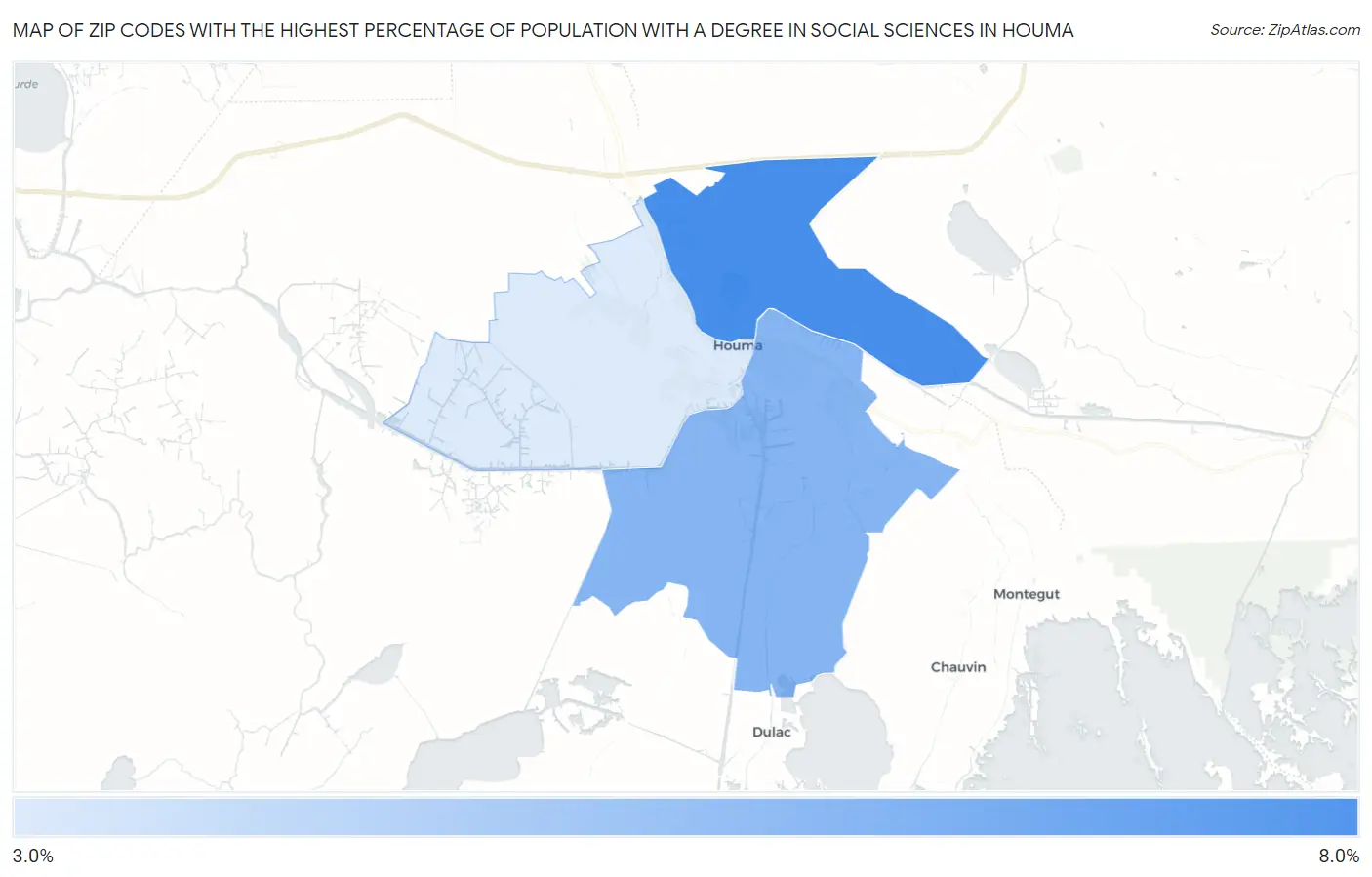 Zip Codes with the Highest Percentage of Population with a Degree in Social Sciences in Houma Map