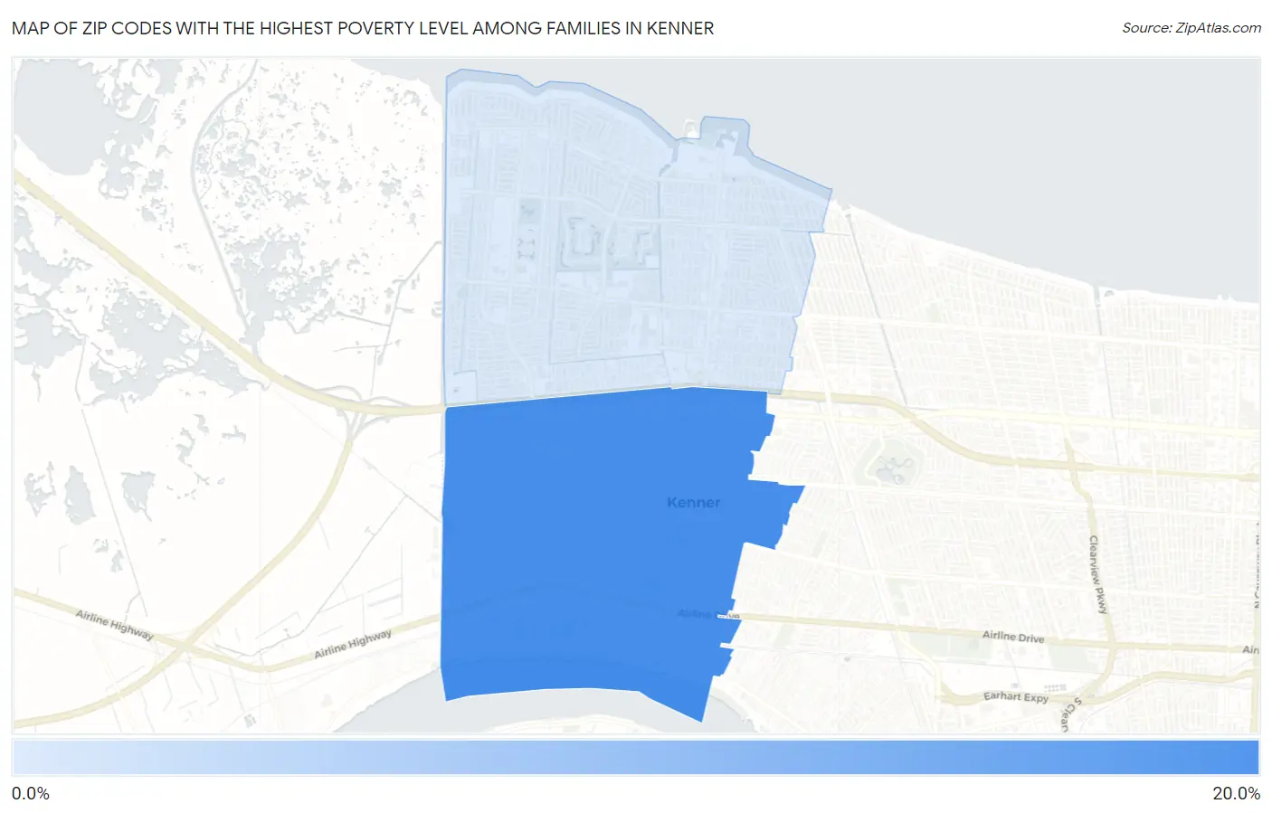 Zip Codes with the Highest Poverty Level Among Families in Kenner Map