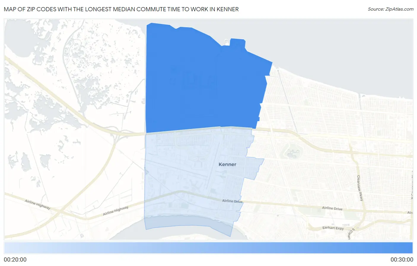 Zip Codes with the Longest Median Commute Time to Work in Kenner Map
