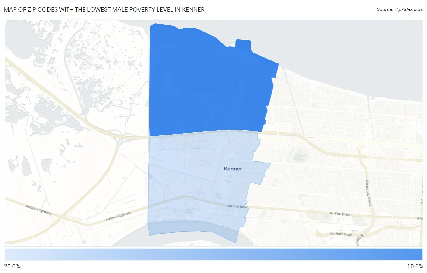 Zip Codes with the Lowest Male Poverty Level in Kenner Map