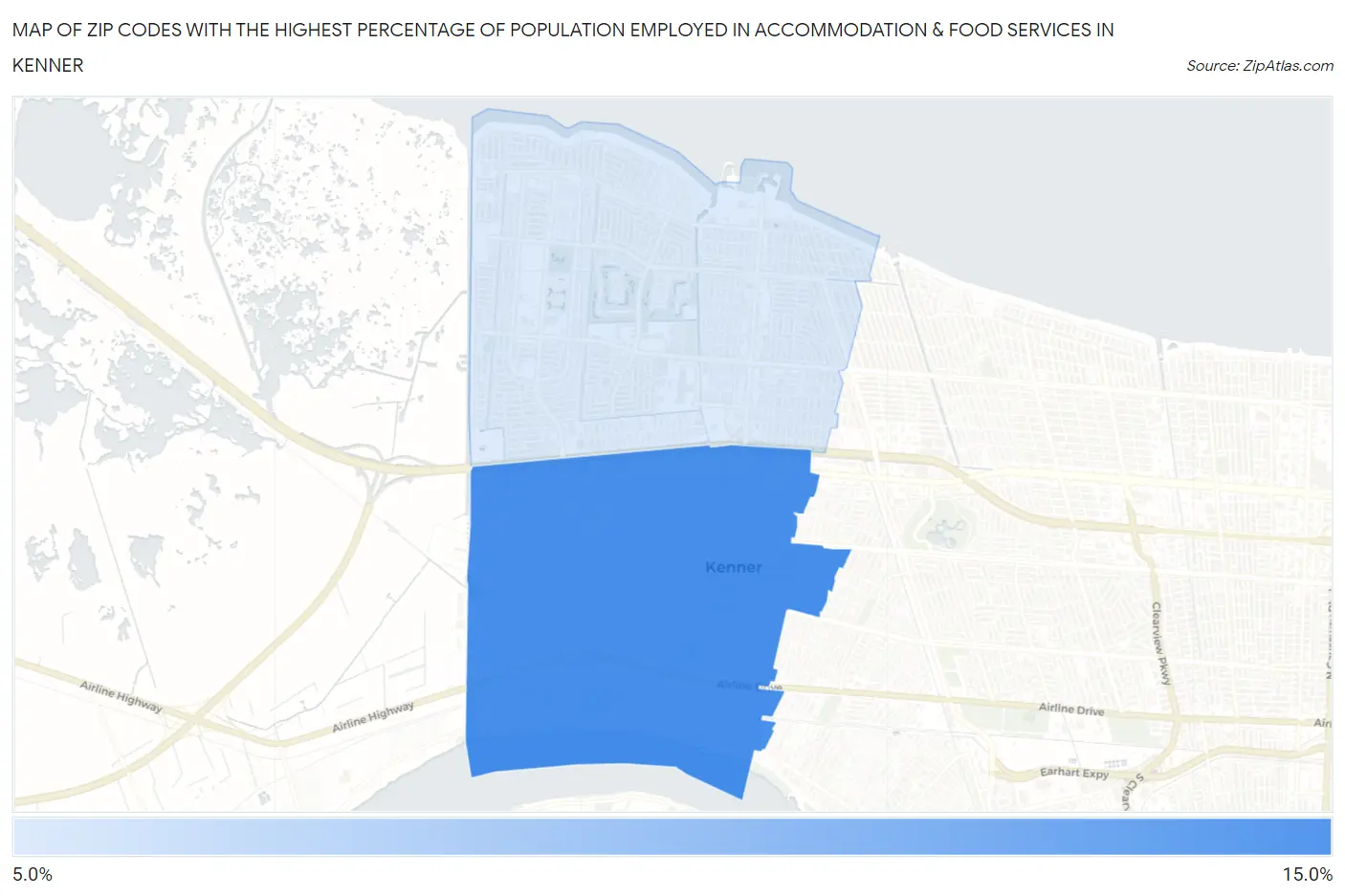 Zip Codes with the Highest Percentage of Population Employed in Accommodation & Food Services in Kenner Map