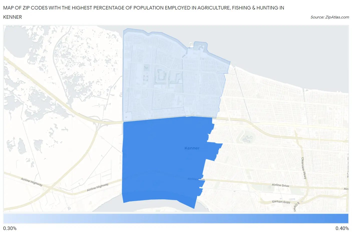 Zip Codes with the Highest Percentage of Population Employed in Agriculture, Fishing & Hunting in Kenner Map