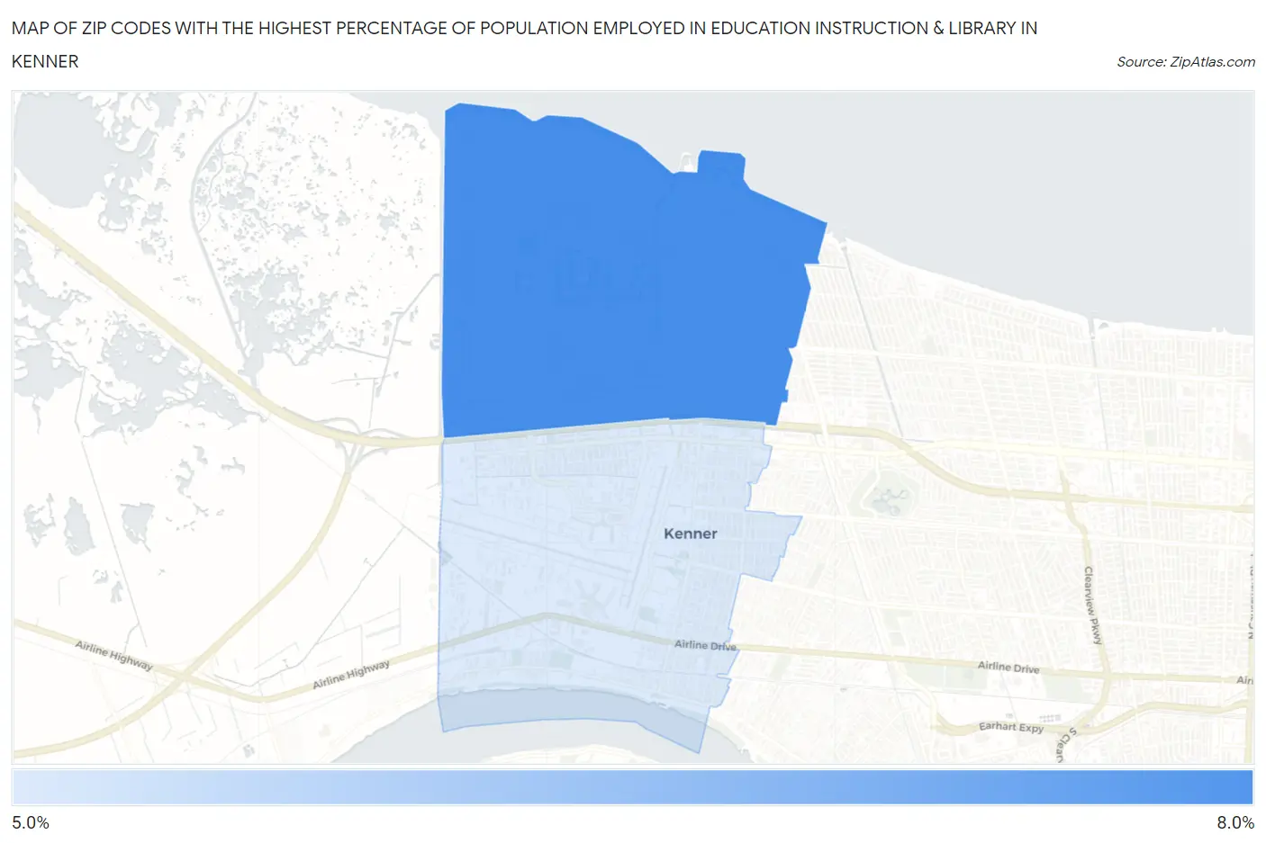 Zip Codes with the Highest Percentage of Population Employed in Education Instruction & Library in Kenner Map