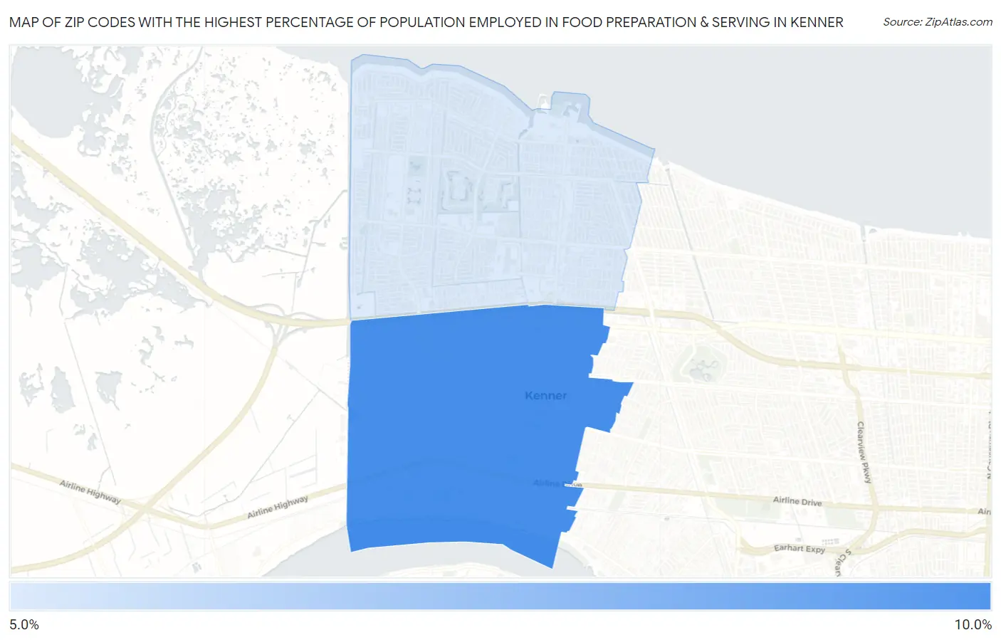Zip Codes with the Highest Percentage of Population Employed in Food Preparation & Serving in Kenner Map