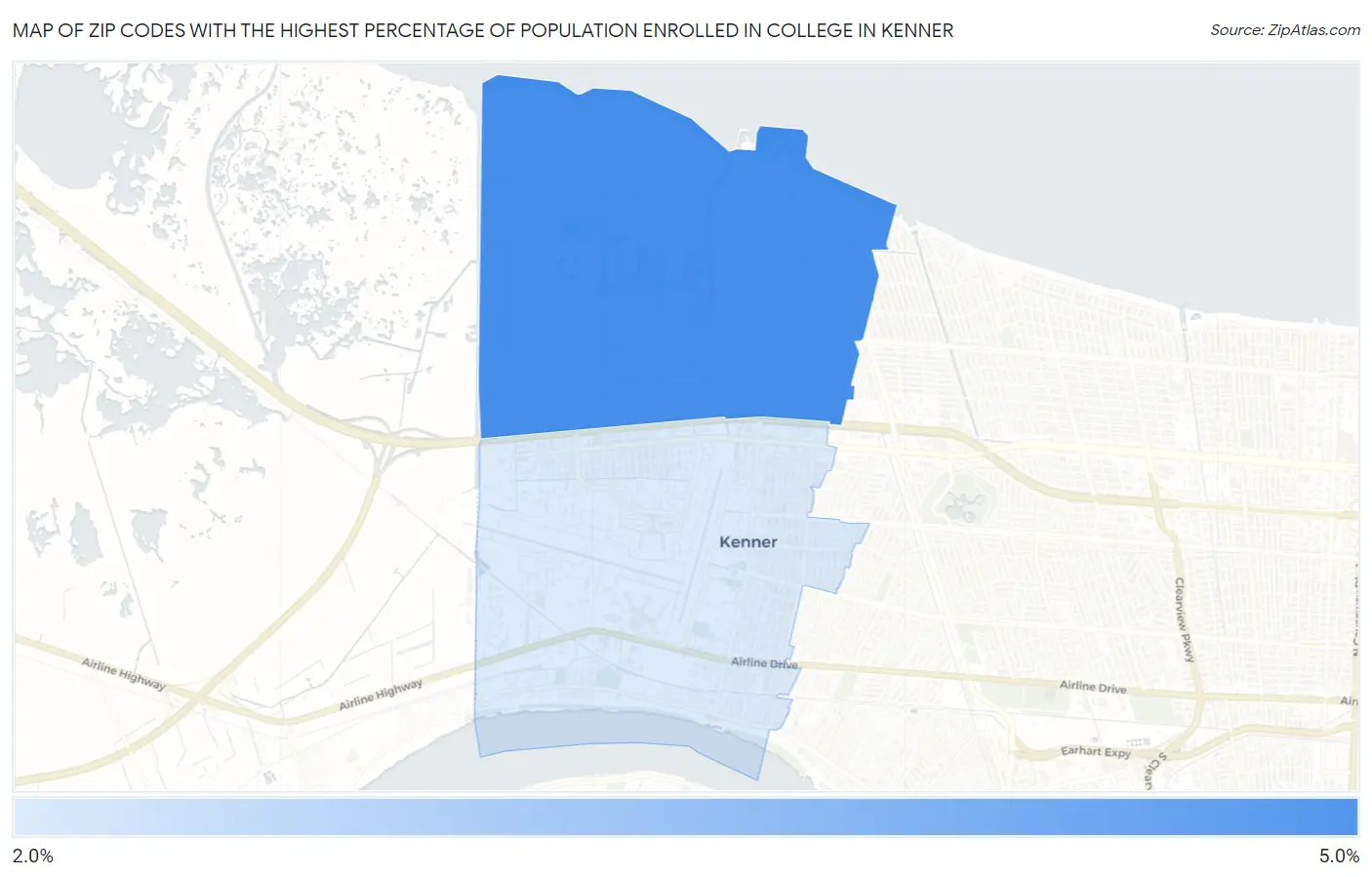 Zip Codes with the Highest Percentage of Population Enrolled in College in Kenner Map