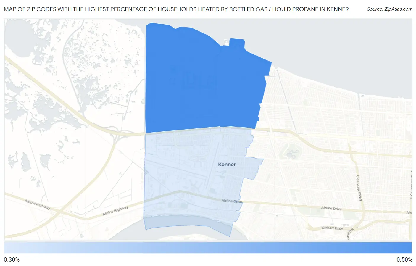 Zip Codes with the Highest Percentage of Households Heated by Bottled Gas / Liquid Propane in Kenner Map