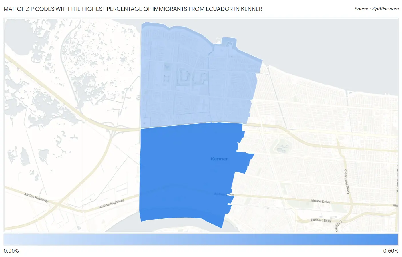 Zip Codes with the Highest Percentage of Immigrants from Ecuador in Kenner Map