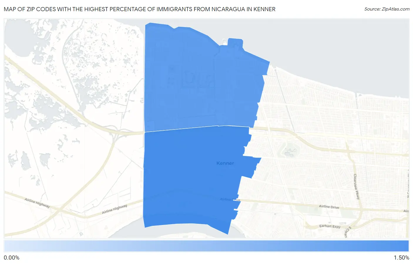 Zip Codes with the Highest Percentage of Immigrants from Nicaragua in Kenner Map