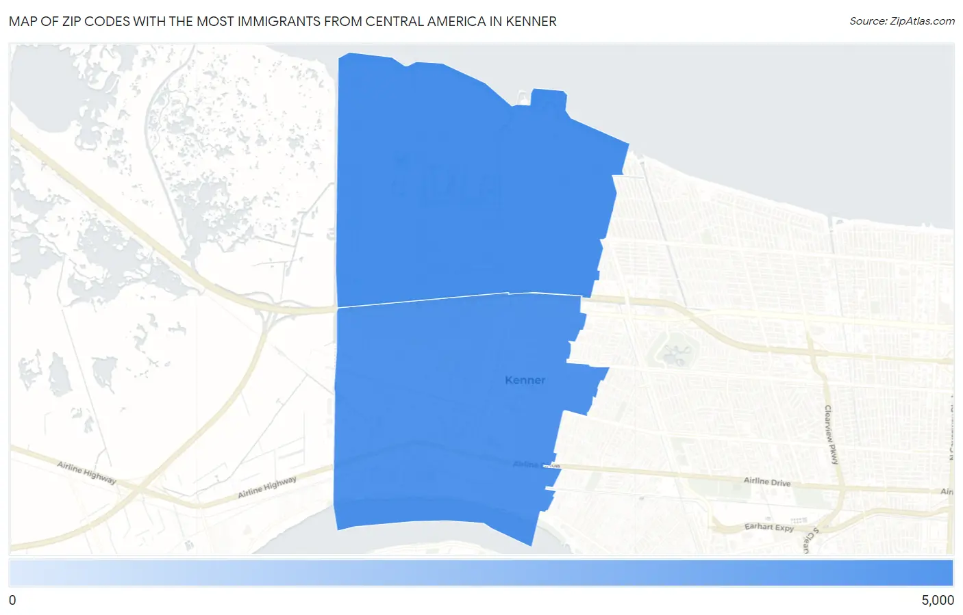 Zip Codes with the Most Immigrants from Central America in Kenner Map