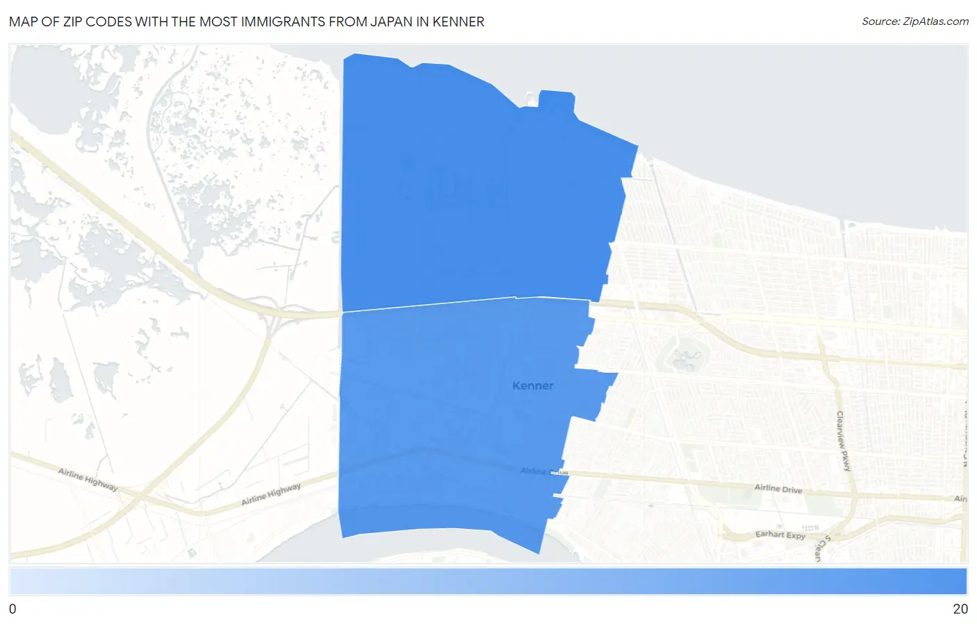 Zip Codes with the Most Immigrants from Japan in Kenner Map