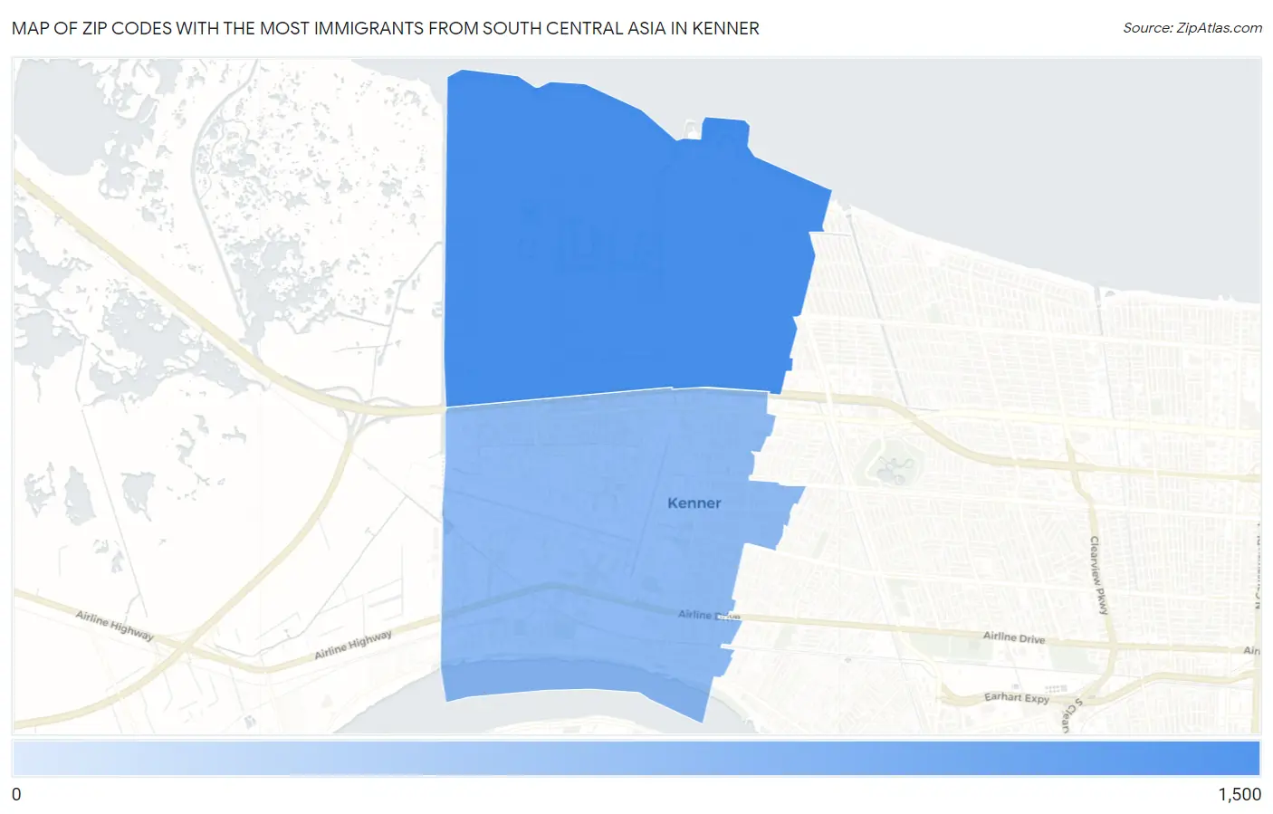 Zip Codes with the Most Immigrants from South Central Asia in Kenner Map