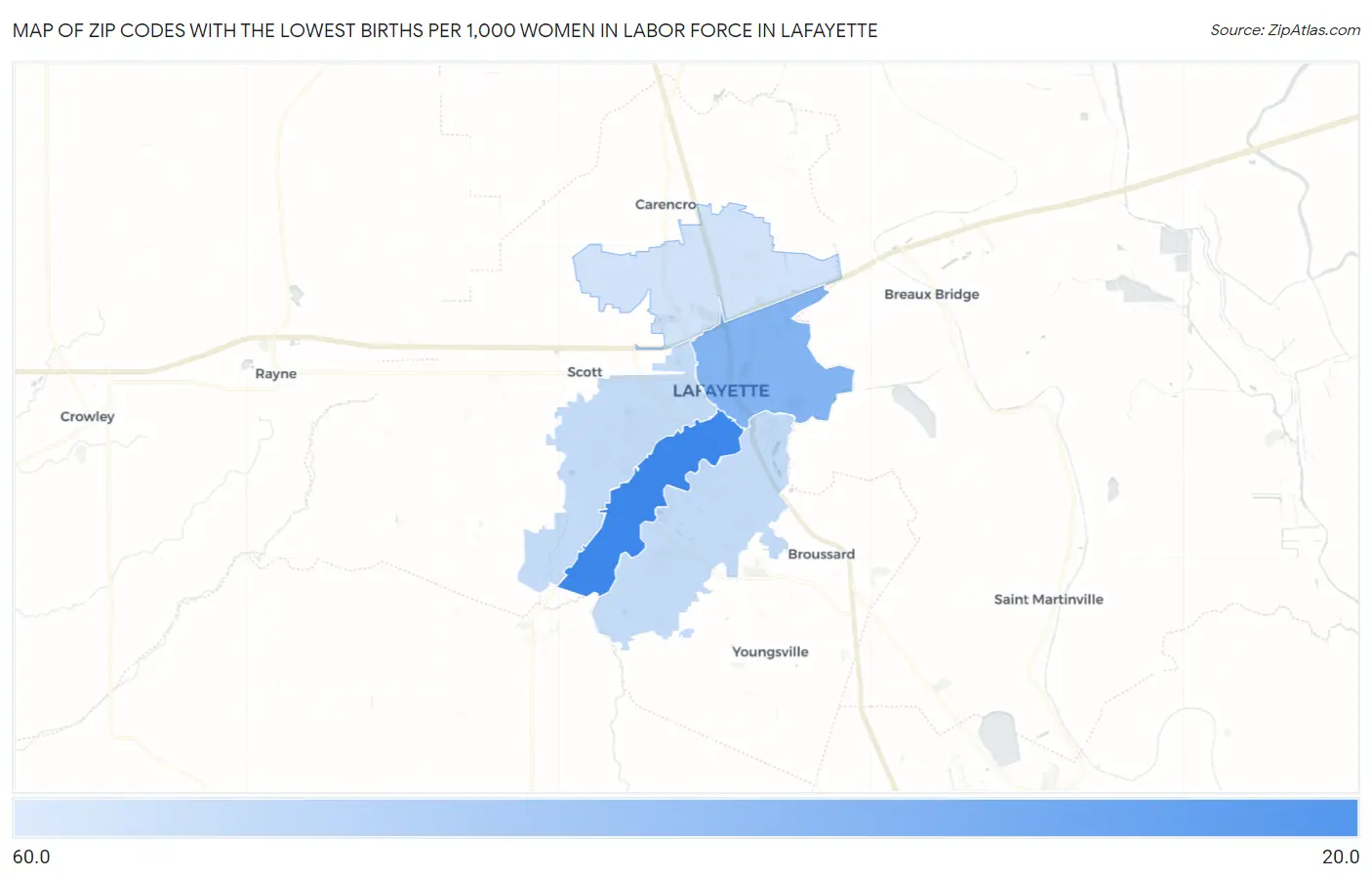 Zip Codes with the Lowest Births per 1,000 Women in Labor Force in Lafayette Map