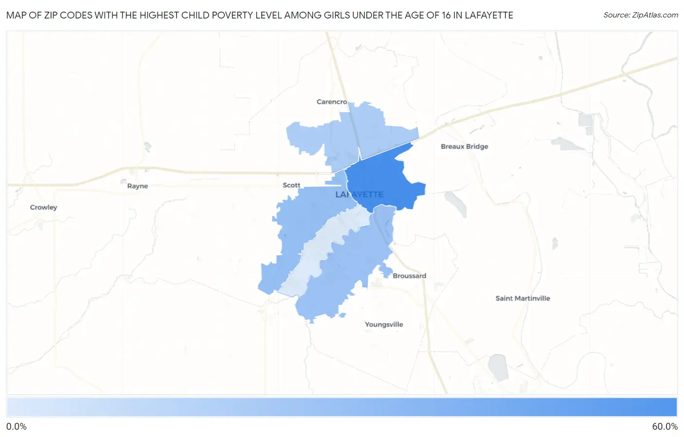 Zip Codes with the Highest Child Poverty Level Among Girls Under the Age of 16 in Lafayette Map