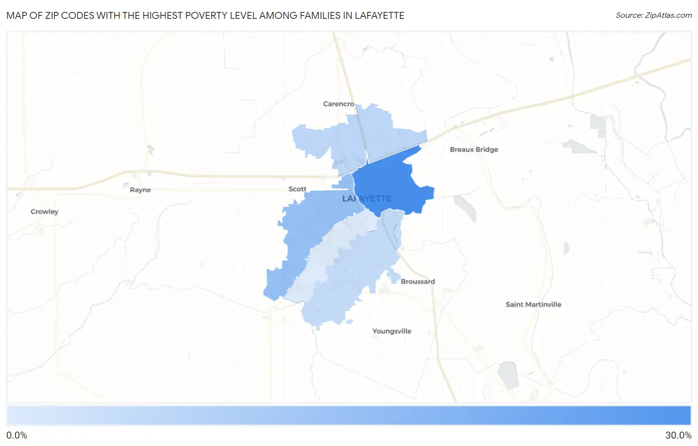 Zip Codes with the Highest Poverty Level Among Families in Lafayette Map